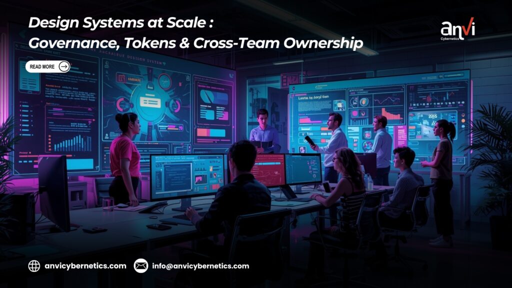 Designer and developer collaborating on a scalable design system with tokens and a component library